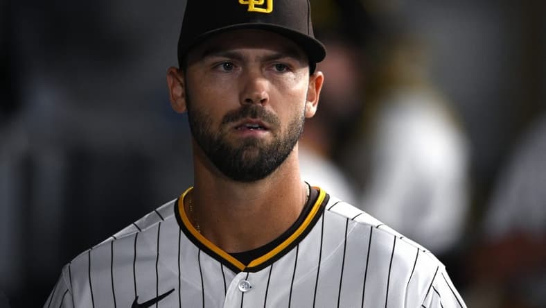 Aug 2, 2022; San Diego, California, USA; San Diego Padres relief pitcher Tayler Scott (62) looks on after pitching the top of the seventh inning against the Colorado Rockies at Petco Park. Mandatory Credit: Orlando Ramirez-USA TODAY Sports
