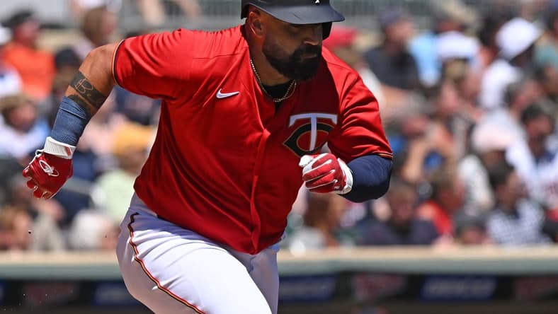 Aug 3, 2022; Minneapolis, Minnesota, USA; Minnesota Twins catcher Sandy Leon (39) heads to first on his two-run RBI double against the Detroit Tigers during the second inning at Target Field. Mandatory Credit: Nick Wosika-USA TODAY Sports