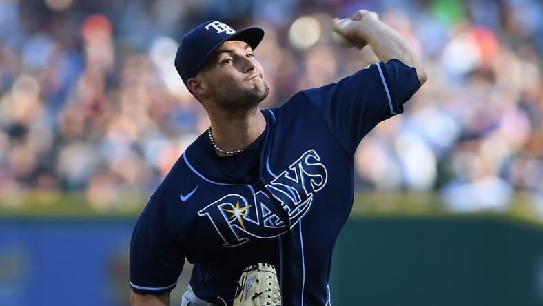 Aug 6, 2022; Detroit, Michigan, USA; Tampa Bay Rays starting pitcher Shane McClanahan (18) throws against the Detroit Tigers in the first inning at Comerica Park. Mandatory Credit: Lon Horwedel-USA TODAY Sports