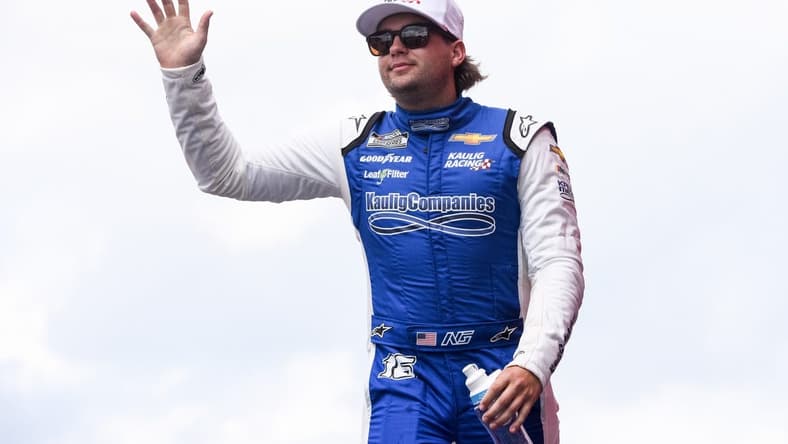 Aug 7, 2022; Brooklyn, Michigan, USA; NASCAR Cup Series driver Noah Gragson (16) is introduced before the race at Michigan International Speedway. Mandatory Credit: Tim Fuller-USA TODAY Sports