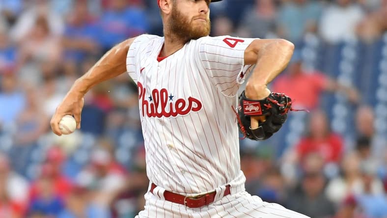 Aug 9, 2022; Philadelphia, Pennsylvania, USA; Philadelphia Phillies starting pitcher Zack Wheeler (45) throws a [itch against the Miami Marlins during the first inning at Citizens Bank Park. Mandatory Credit: Eric Hartline-USA TODAY Sports