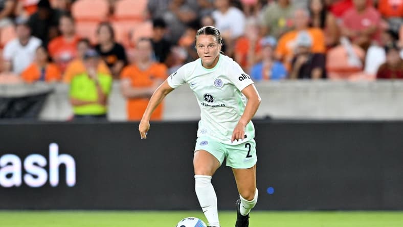 Aug 12, 2022; Houston, Texas, USA; Racing Louisville FC midfielder Lauren Milliet (2) handles the ball during the first half against the Houston Dash at PNC Stadium. Mandatory Credit: Maria Lysaker-USA TODAY Sports