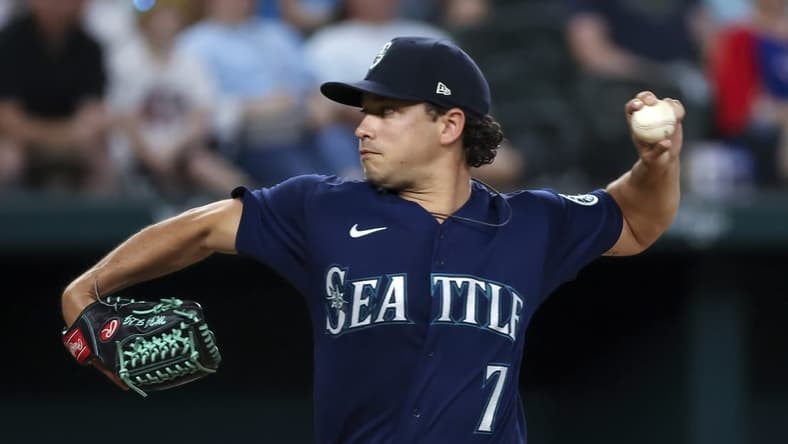 Aug 13, 2022; Arlington, Texas, USA; Seattle Mariners starting pitcher Marco Gonzales (7) throws during the first inning against the Texas Rangers at Globe Life Field. Mandatory Credit: Kevin Jairaj-USA TODAY Sports