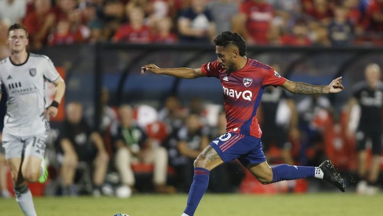 Aug 13, 2022; Frisco, Texas, USA; FC Dallas forward Jesus Ferreira (10) kicks the ball against the San Jose Earthquakes in the first half at Toyota Stadium. Mandatory Credit: Tim Heitman-USA TODAY Sports
