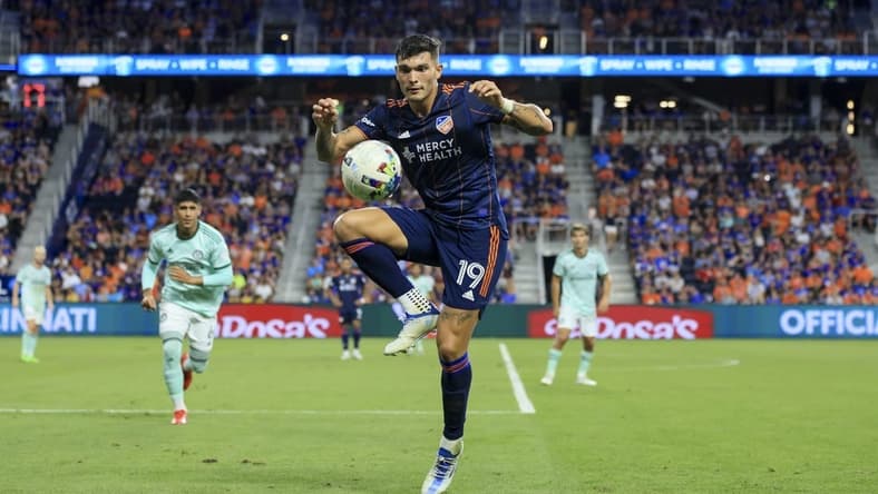 Aug 13, 2022; Cincinnati, Ohio, USA;  FC Cincinnati forward Brandon Vazquez (19) controls the ball against Atlanta United FC in the second half at TQL Stadium. Mandatory Credit: Aaron Doster-USA TODAY Sports