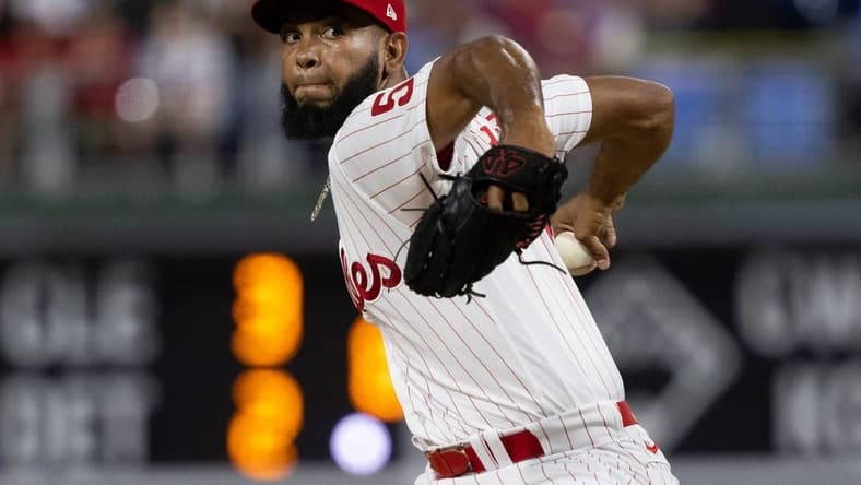 Aug 10, 2022; Philadelphia, Pennsylvania, USA; Philadelphia Phillies relief pitcher Seranthony Dominguez (58) throws a pitch during the ninth inning against the Miami Marlins at Citizens Bank Park. Mandatory Credit: Bill Streicher-USA TODAY Sports