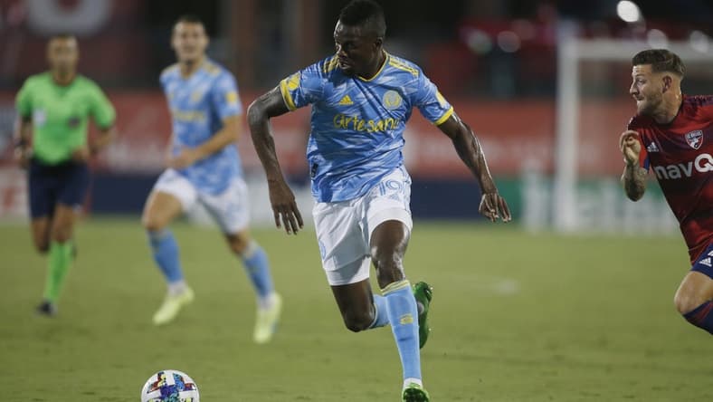 Aug 17, 2022; Frisco, Texas, USA; Philadelphia Union forward Cory Burke (19) controls the ball against FC Dallas in the first half at Toyota Stadium. Mandatory Credit: Tim Heitman-USA TODAY Sports