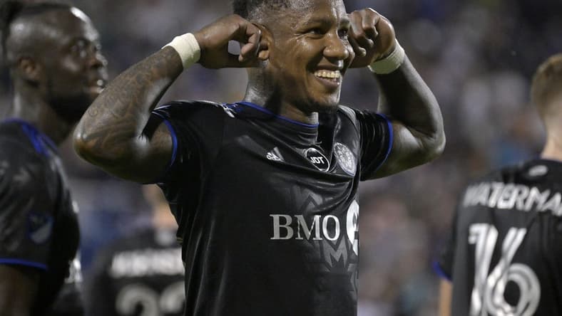 Aug 20, 2022; Montreal, Quebec, CAN; CF Montreal midfielder Romell Quioto (30)  celebrates after scoring a goal against the New England Revolution during the first half at Stade Saputo. Mandatory Credit: Eric Bolte-USA TODAY Sports