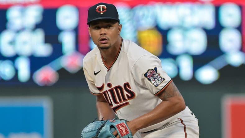 Aug 20, 2022; Minneapolis, Minnesota, USA; Minnesota Twins starting pitcher Chris Archer (17) prepares to throw a pitch against the Texas Rangers during the fifth inning at Target Field. Mandatory Credit: Jeffrey Becker-USA TODAY Sports