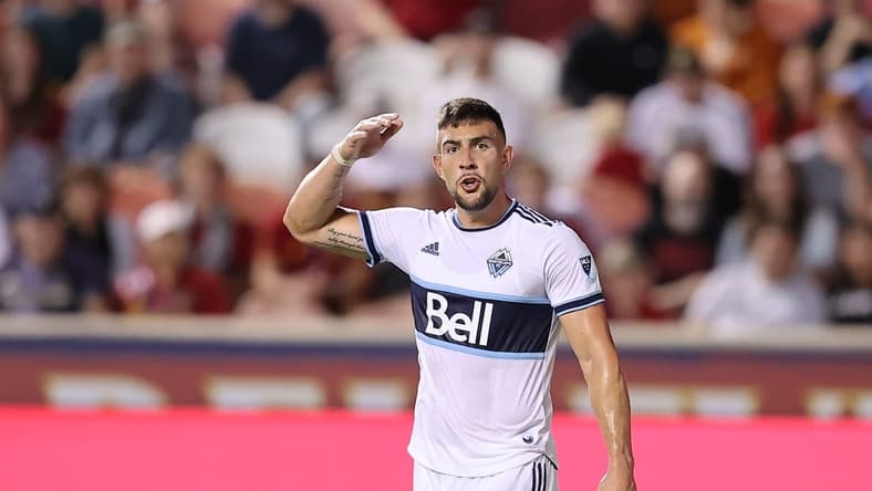 Aug 20, 2022; Sandy, Utah, USA;  Vancouver Whitecaps FC forward Lucas Cavallini (9) reacts to a play in the first half against Real Salt Lake at Rio Tinto Stadium. Mandatory Credit: Rob Gray-USA TODAY Sports