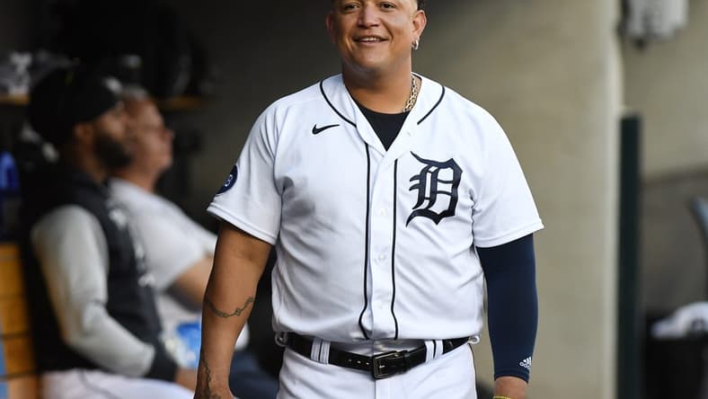 Aug 10, 2022; Detroit, Michigan, USA; Detroit Tigers designated hitter Miguel Cabrera (24) in the dugout during their game against the Cleveland Guardians at Comerica Park. Mandatory Credit: Lon Horwedel-USA TODAY Sports