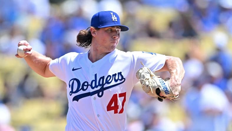 Aug 21, 2022; Los Angeles, California, USA; Los Angeles Dodgers starting pitcher Ryan Pepiot (47) throws to the plate in the first inning against the Miami Marlins at Dodger Stadium. Mandatory Credit: Jayne Kamin-Oncea-USA TODAY Sports