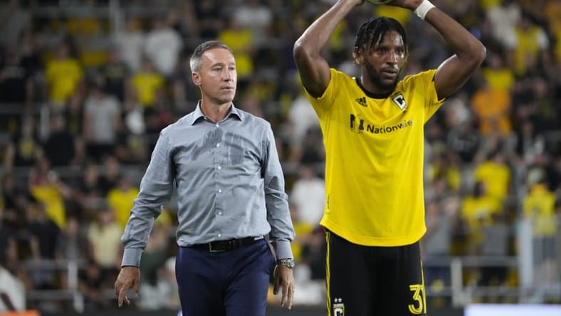 Crew coach Caleb Porter watches as defender Steven Moreira takes a throw-in against New York City FC on Aug. 6. The Crew are six points out of the fourth playoff spot that would give them a home playoff game.

Mls New York City Fc At Columbus Crew x
