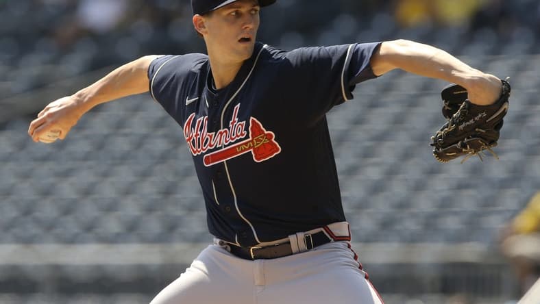 Aug 24, 2022; Pittsburgh, Pennsylvania, USA; Atlanta Braves starting pitcher Kyle Wright (30) delivers a pitch against the Pittsburgh Pirates during the first inning at PNC Park. Mandatory Credit: Charles LeClaire-USA TODAY Sports