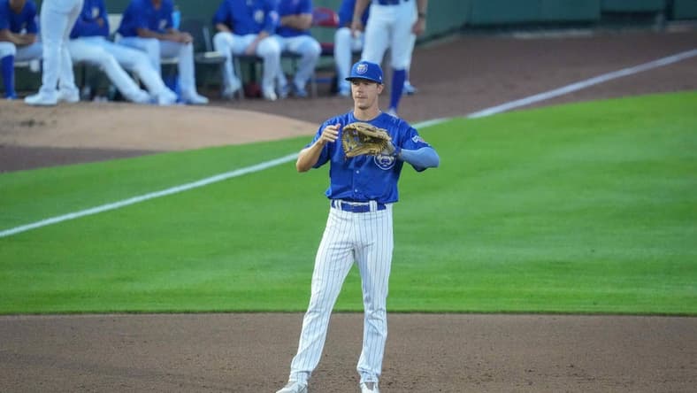 Iowa Cubs third baseman Jared Young waits for a play against St. Paul during a MiLB baseball game on Tuesday, Aug. 23, 2022, at Principal Park in Des Moines.

Iowacubs 20220824 Bh