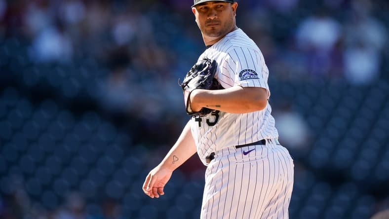 Aug 24, 2022; Denver, Colorado, USA; Colorado Rockies relief pitcher Jhoulys Chacin (43) on the mound in the ninth inning against the Texas Rangers at Coors Field. Mandatory Credit: Isaiah J. Downing-USA TODAY Sports