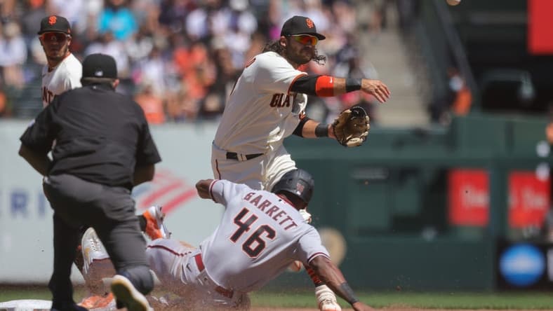 Aug 18, 2022; San Francisco, California, USA; San Francisco Giants shortstop Brandon Crawford (35) during the game against the Arizona Diamondbacks at Oracle Park. Mandatory Credit: Sergio Estrada-USA TODAY Sports