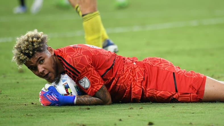 Aug 14, 2022; Nashville, Tennessee, USA; Minnesota United FC goalkeeper Dayne St. Clair (97) after a save during the second half against the Nashville SC at Geodis Park. Mandatory Credit: Christopher Hanewinckel-USA TODAY Sports