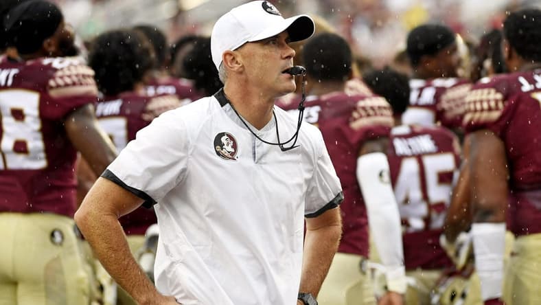 Aug 27, 2022; Tallahassee, Florida, USA; Florida State Seminoles head coach Mike Norvell leads his team before the game against the Duquesne Dukes at Doak S. Campbell Stadium. Mandatory Credit: Melina Myers-USA TODAY Sports