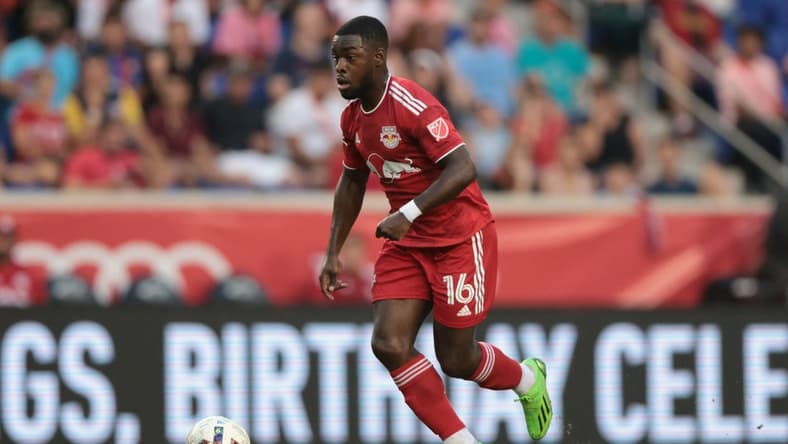 Aug 27, 2022; Harrison, New Jersey, USA; New York Red Bulls midfielder Dru Yearwood (16) controls the ball against the Inter Miami during the first half at Red Bull Arena. Mandatory Credit: Vincent Carchietta-USA TODAY Sports
