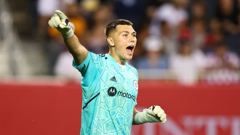 Aug 27, 2022; Chicago, Illinois, USA; Chicago Fire goalkeeper Gabriel Slonina (1) reacts during the second half against CF Montreal at Soldier Field. Mandatory Credit: Mike Dinovo-USA TODAY Sports