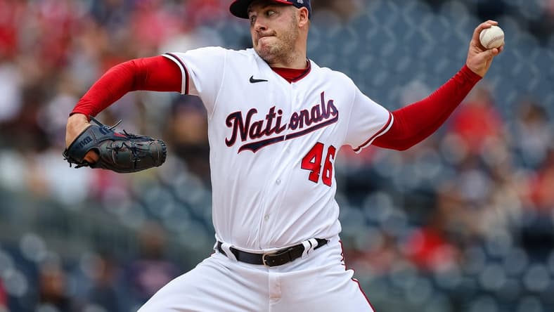 Aug 28, 2022; Washington, District of Columbia, USA; Washington Nationals starting pitcher Patrick Corbin (46) pitches against the Cincinnati Reds during the first inning at Nationals Park. Mandatory Credit: Scott Taetsch-USA TODAY Sports