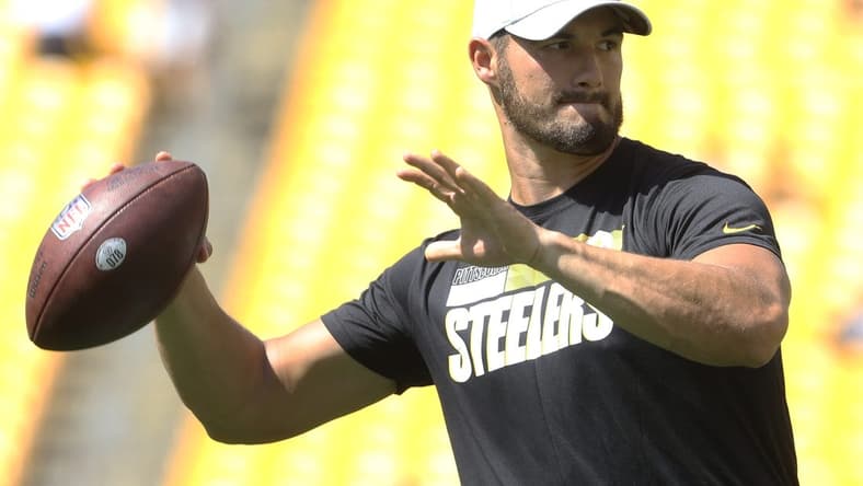 Aug 28, 2022; Pittsburgh, Pennsylvania, USA; Pittsburgh Steelers quarterback Mitch Trubisky (10) warms up before the game against the Detroit Lions at Acrisure Stadium. Mandatory Credit: Charles LeClaire-USA TODAY Sports