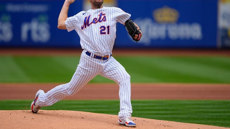 Aug 28, 2022; New York City, New York, USA; New York Mets pitcher Max Scherzer (21) delivers a pitch against the Colorado Rockies during the first inning at Citi Field. Mandatory Credit: Gregory Fisher-USA TODAY Sports