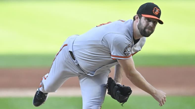 Aug 31, 2022; Cleveland, Ohio, USA; Baltimore Orioles starting pitcher Jordan Lyles (28) in the first inning against the Cleveland Guardians at Progressive Field. Mandatory Credit: David Richard-USA TODAY Sports