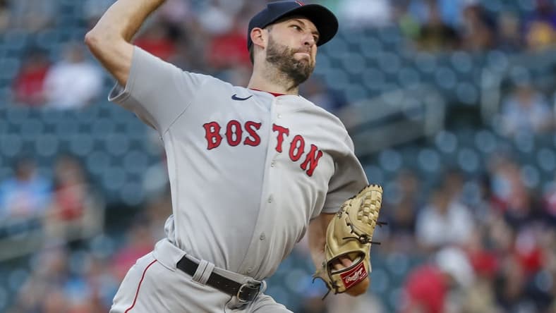 Aug 31, 2022; Minneapolis, Minnesota, USA; Boston Red Sox starting pitcher Michael Wacha (52) throws a pitch against the Minnesota Twins in the second inning at Target Field. Mandatory Credit: Bruce Kluckhohn-USA TODAY Sports