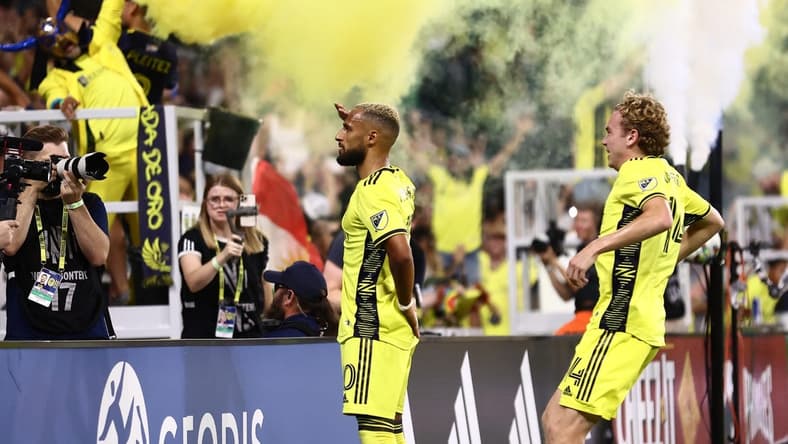 Aug 31, 2022; Nashville, Tennessee, USA; Nashville SC midfielder Hany Mukhtar (10) celebrates his penalty kick goal against the Colorado Rapids at Geodis Park. Mandatory Credit: Casey Gower-USA TODAY Sports