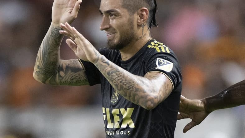 Aug 31, 2022; Houston, Texas, USA;  Los Angeles FC forward Cristian Arango (9) celebrates his goal against the Houston Dynamo FC in the first half at PNC Stadium. Mandatory Credit: Thomas Shea-USA TODAY Sports