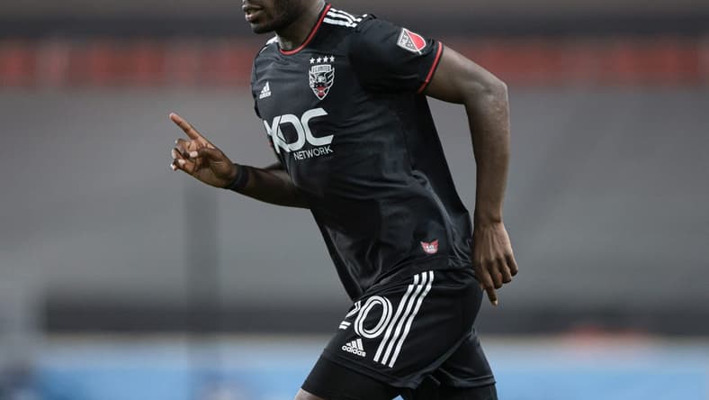 Aug 31, 2022; Harrison, New Jersey, USA; D.C. United forward Christian Benteke (20) takes the field after being subbed in during the second half against New York City FC at Red Bull Arena. Mandatory Credit: Vincent Carchietta-USA TODAY Sports