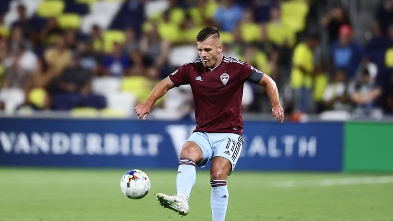 Aug 31, 2022; Nashville, Tennessee, USA; Colorado Rapids forward Diego Rubio (11) kicks the ball int the first half against Nashville SC at Geodis Park. Mandatory Credit: Casey Gower-USA TODAY Sports