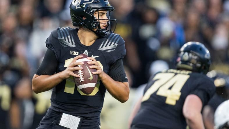 Sep 1, 2022; West Lafayette, Indiana, USA;  Purdue Boilermakers quarterback Aidan O'Connell (16) passes the ball in the first quarter against the Penn State Nittany Lions  at Ross-Ade Stadium. Mandatory Credit: Trevor Ruszkowski-USA TODAY Sports