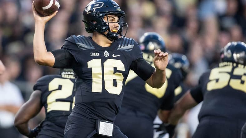 Sep 1, 2022; West Lafayette, Indiana, USA;  Purdue Boilermakers quarterback Aidan O'Connell (16) passes the ball in the first quarter against the Penn State Nittany Lions  at Ross-Ade Stadium. Mandatory Credit: Trevor Ruszkowski-USA TODAY Sports