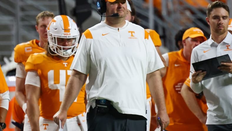Sep 1, 2022; Knoxville, Tennessee, USA; Tennessee Volunteers head coach Josh Heupel during the first half against the Ball State Cardinals at Neyland Stadium. Mandatory Credit: Randy Sartin-USA TODAY Sports
