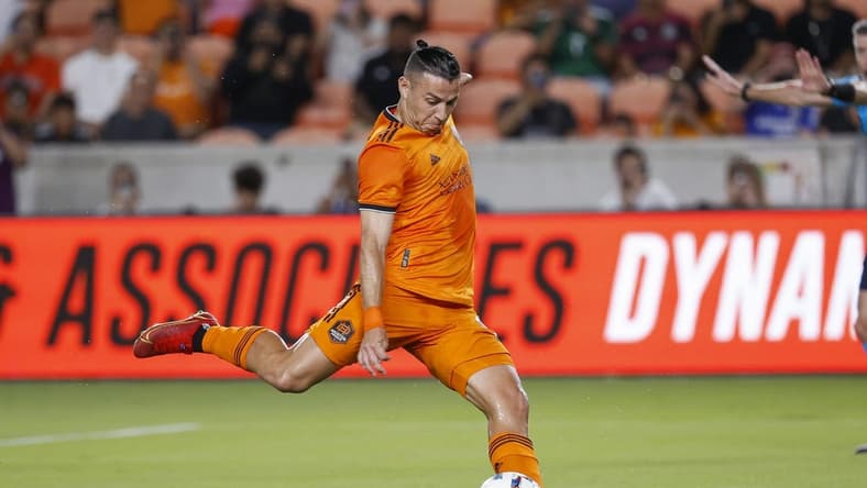 Aug 31, 2022; Houston, Texas, USA; Houston Dynamo FC forward Sebastian Ferreira (9) scores a goal on a penalty kick during the match against the Los Angeles FC at PNC Stadium. Mandatory Credit: Troy Taormina-USA TODAY Sports
