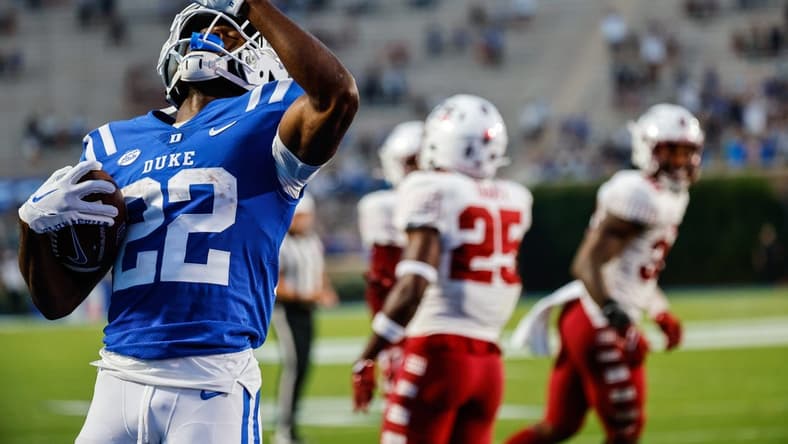 Sep 2, 2022; Durham, North Carolina, USA; Duke Blue Devils running back Jaylen Coleman (22) gestures after scoring a touchdown during first half of the game against Temple University at Wallace Wade Stadium. Mandatory Credit: Jaylynn Nash-USA TODAY Sports