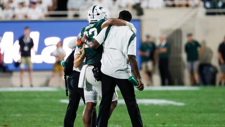 Michigan State linebacker Darius Snow (23) is carried off the field during the first half against Western Michigan at Spartan Stadium in East Lansing on Friday, Sept. 2, 2022.
