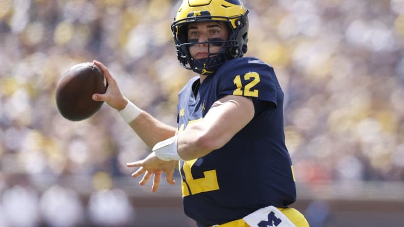 Sep 3, 2022; Ann Arbor, Michigan, USA;  Michigan Wolverines quarterback Cade McNamara (12) passes  in the first half against the Colorado State Rams at Michigan Stadium. Mandatory Credit: Rick Osentoski-USA TODAY Sports