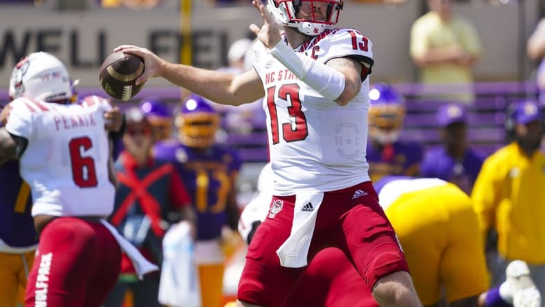 Sep 3, 2022; Greenville, North Carolina, USA;  North Carolina State Wolfpack quarterback Devin Leary (13) throws the ball against the East Carolina Pirates during the first half at Dowdy-Ficklen Stadium. Mandatory Credit: James Guillory-USA TODAY Sports
