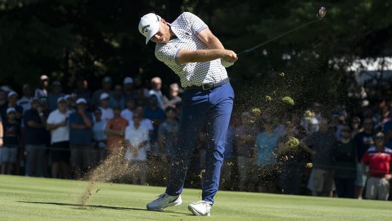 Sep 3, 2022; Boston, Massachusetts, USA; Talor Gooch playing his second shot on the fairway on hole 1 during the second round of the LIV Golf tournament at The International. Mandatory Credit: Richard Cashin-USA TODAY Sports