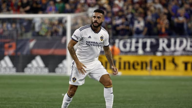 Aug 28, 2022; Foxborough, Massachusetts, USA; Los Angeles Galaxy defender Derrick Williams (3) during the first half against the New England Revolution at Gillette Stadium. Mandatory Credit: Winslow Townson-USA TODAY Sports