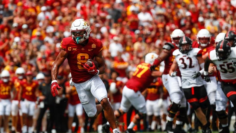 Iowa State wide receiver Xavier Hutchinson (8) runs to the end zone during the Iowa State, Southeast Missouri State game on Saturday, September 3, 2022 at Jack Trice Stadium in Ames, Iowa. The Cyclones are up 21-10 against the Redhawks.
