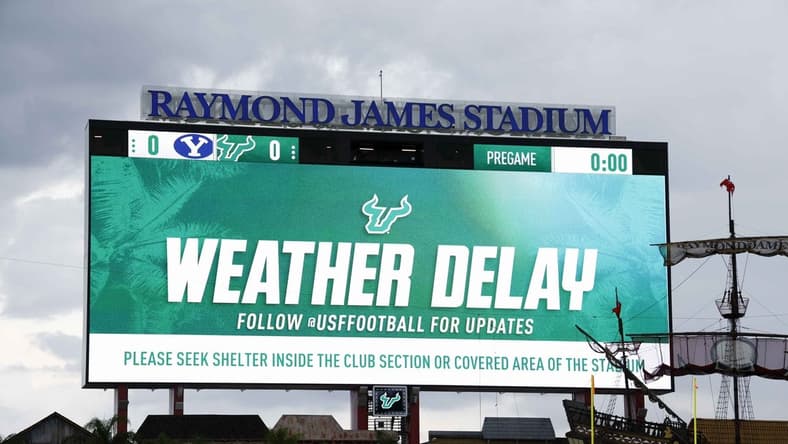 Sep 3, 2022; Tampa, Florida, USA; General view of the jumbotron showing advising of a weather delay of the game between the South Florida Bulls and the Brigham Young Cougars at Raymond James Stadium. Mandatory Credit: Douglas DeFelice-USA TODAY Sports
