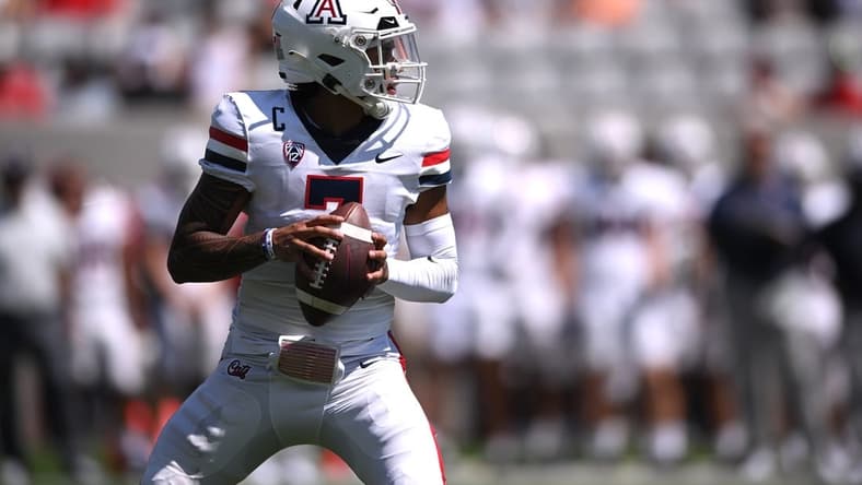 Sep 3, 2022; San Diego, California, USA; Arizona Wildcats quarterback Jayden de Laura (7) looks to pass against the San Diego State Aztecs during the first half at Snapdragon Stadium. Mandatory Credit: Orlando Ramirez-USA TODAY Sports