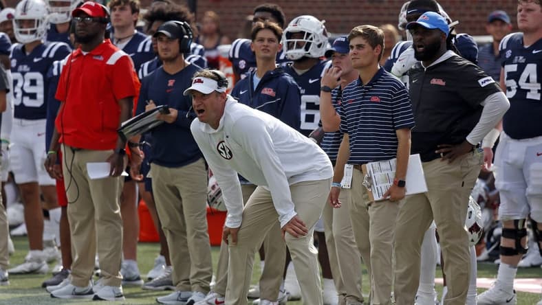 Sep 3, 2022; Oxford, Mississippi, USA; Mississippi Rebels head coach Lane Kiffin reacts during the first half against the Troy Trojans at Vaught-Hemingway Stadium. Mandatory Credit: Petre Thomas-USA TODAY Sports