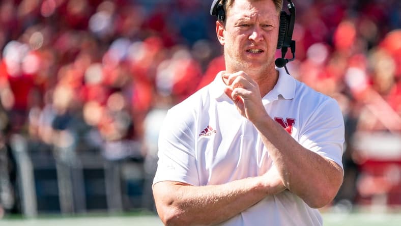 Sep 3, 2022; Lincoln, Nebraska, USA; Nebraska Cornhuskers head coach Scott Frost looks on during a timeout in the second quarter against the North Dakota Fighting Hawks at Memorial Stadium. Mandatory Credit: Dylan Widger-USA TODAY Sports