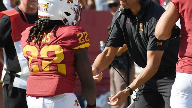 Iowa State football head coach Matt Campbell (22) celebrates with running back Deon Silas (22) after a touchdown against Southeast Missouri State during the fourth quarter in the season opening home game at Jack Trice Stadium Saturday, Sep. 3, 2022, in Ames, Iowa.